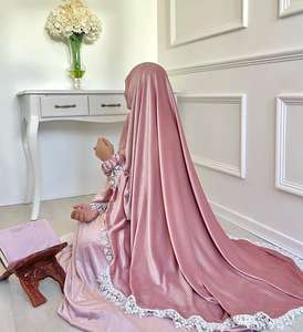 プレミアム祈りヒジャブセットイードラマダンドレスレースエッジ付きベルベットアバヤ祈りセットローブムスリムテレコム - Product Image 3