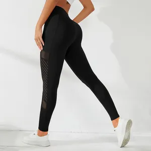 Custom Logo Vrouwen Groothandel Mesh Doorschijnende Zwarte Meisjes Zakken Strepen Hoge Taille Yoga Legging Dames Sport Broek Butt Lift