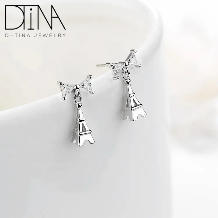 DTINA 925 Sterling Silver Earrings Wild Bow Stud Earrings Eiffel Iron Small Pendant Earrings