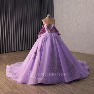 251139 Elegante Vestido de Quinceañera Morado con Escote Corazón, Perlas, Apliques de Cristal y Cuentas, Sin Mangas, Cola Capilla - Product Image 3