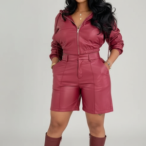 Nouvel ensemble 2 pièces en cuir PU pour femme : haut à capuche à manches longues et short court – Tendance - Product Image 1