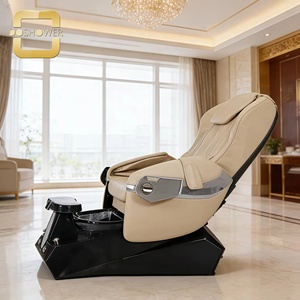 Fauteuil de pédicure moderne pour salon de beauté avec revêtement en cuir <span class=keywords><strong>beige</strong></span> et base noire, et double bac à <span class=keywords><strong>pieds</strong></span>, avec fonction massage. - Product Image 3