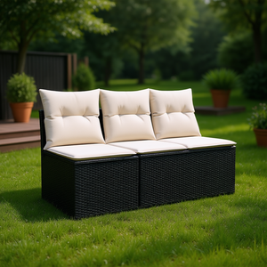 Canapé de jardin trois places en rotin PE noir résistant aux UV, mobilier d'extérieur au design contemporain, coussins en mousse haute densité - Product Image 2