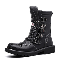 Botas de Motocicleta de Media Pantorrilla para Hombre, Diseño Nuevo, de Cuero PU, con Múltiples Hebillas Metálicas, Puntera de Acero, Antideslizantes, con Suela de Goma Gruesa, para Exteriores