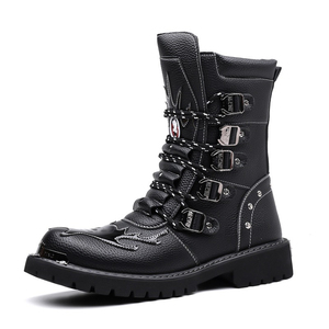 Nouvelles Bottes de Moto Mi-Mollet en Cuir PU pour Hommes, avec Multiples Boucles Métalliques, Embout en Acier, Antidérapantes, Semelle Épaisse en Caoutchouc, Bottes d'Extérieur Montantes - Product Image 5