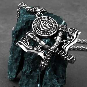 Collier Vintage viking <span class=keywords><strong>hache</strong></span> en acier inoxydable, bijoux pendentif Valknut - Product Image 2