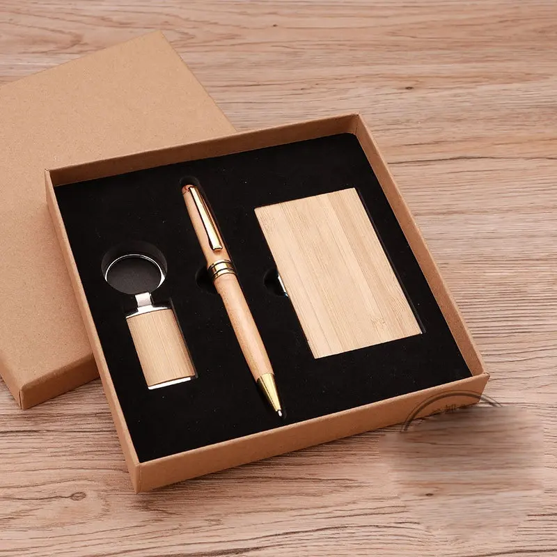 Benutzer definierte Logo Corporate Holz Geschenkset Bambus Artikel Karten halter Stift Schlüssel bund Luxus Vatertag Geschenk Promotion Business Geschenkset