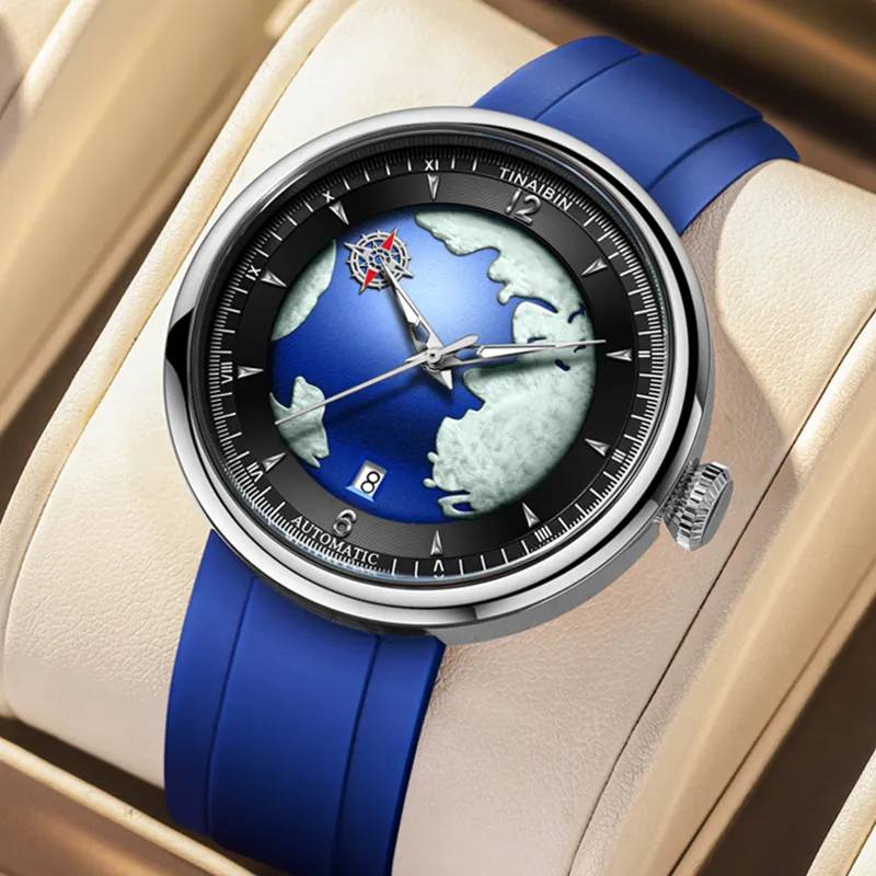 Luminous Earth Blue Dial Automatic Movement Mechanical Wrist Watch for Men Custom Logo relogio 6632