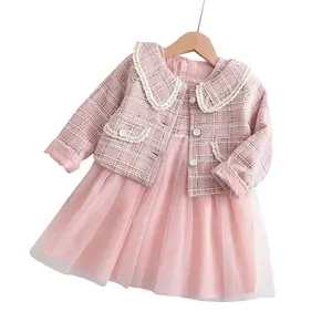 9121 Wholesale Winter Children's Girls Clothes Sets Plaid Jacket Princess Vest Mesh Tutu Dress 2 Piece Little Girl Outfits
