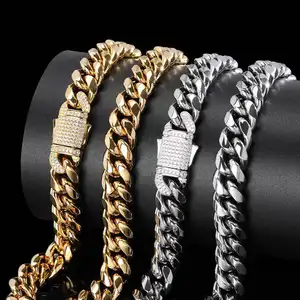 Hot Selling Product Bling Diamond Iced Out Spring Buckle 10mm Stainless Steel Necklace Cuban Link Chain