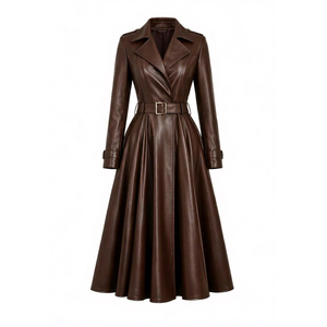 Gabardina Larga de Cuero Marrón para Mujer con Cierre de Cinturón - Product Image 1