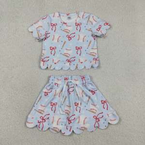 GSD3656 rts Tenues décontractées pour petites filles, imprimé nœuds de baseball, en coton et élasthanne, à manches courtes, style yoga, avec ourlet festonné, pour enfants, vente en gros - Product Image 6