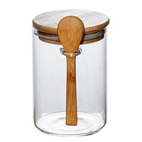 Pot en verre transparent en borosilicate de forme cylindrique avec logo personnalisé, couvercle et cuillère en bois pour épices, bonbons, sel, emballage de stockage hermétique