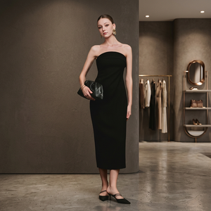 Robe midi noire à manches courtes pour femme, coupe ample, tissée unie, 100% coton, élégante, pour tous les jours - Product Image 3