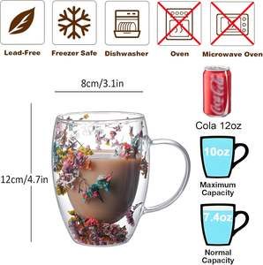 Gobelet à boire transparent en verre personnalisé avec paille, ensemble de tasses à café en verre à double paroi avec fleur séchée - Product Image 2