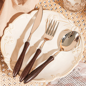 304 Stainless Steel <b>Knife</b> <b>Fork</b> <b>Spoon</b> <b>Set</b> With Wood Handle Dishwasher Safe For Catering Western Restaurant Use - Product Image 1