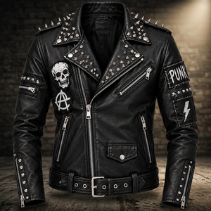 Men <b>Punk</b> Style Black PU Leather Jacket With Skull <b>Patch</b> Rivets Zipper Closure Turn-down Collar Slim Fit - Product Image 4