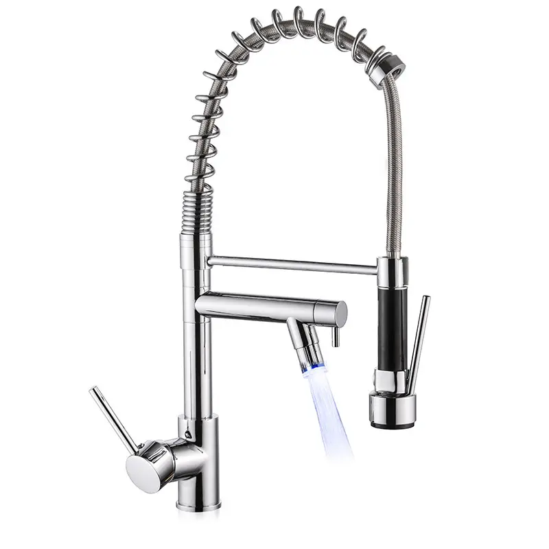 360 Adjustable Flexible Led Kitchen Mixer Faucet Commercial Modern Single Handle Kitchen Faucet Tap 2022 with Sprayer Spring
