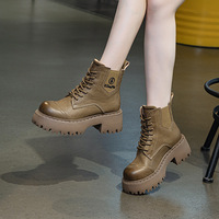 Harga Menarik Tren Fashion Musim Panas Gugur Sepatu Boots Wanita Sol Tebal Hak Tebal Pendek Lapisan Atas Kulit Sapi Model Big Head