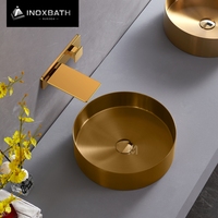 Wastafel Kamar Mandi Mewah Bulat dari Baja Anti Karat dengan Lapisan PVD, Model Art Vessel, OEM Custom, Terpasang di Atas Meja