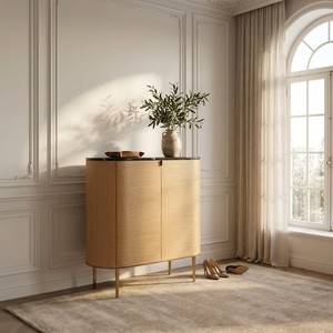 Aparador Moderno Alto con Chapa de Roble y Tapa de Mármol Negro, Mueble de Almacenamiento de 2 Puertas con Patas Metálicas - Product Image 2