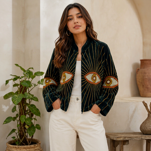 Chaqueta Bomber de Terciopelo con Patrón de Ojos Bordado, Cuello Mao, Cierre de Cremallera, Chaqueta Corta de Otoño para Mujer - Product Image 1