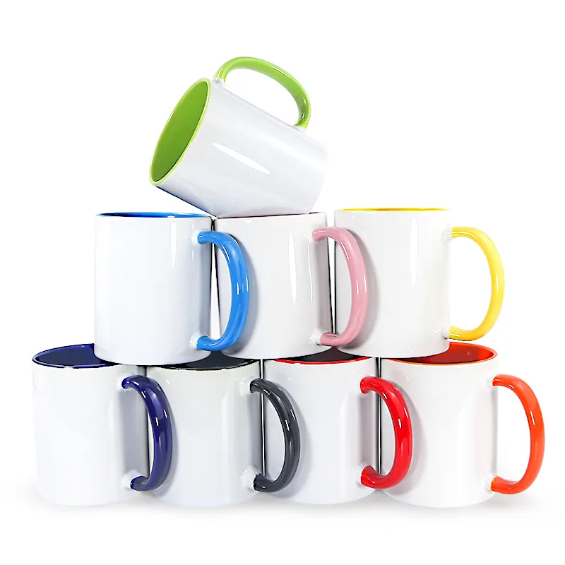 Wholesale 11oz sublimation ceramic white mug with inner colored handle sublimation coffee mug for printing