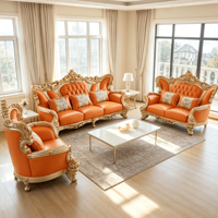 Canapé en cuir orange à accoudoirs enroulés avec cadre doré, prêt à l'emploi, pour salon, villa, hall, restaurant, salle de séjour