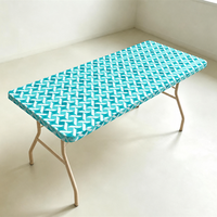 Nappe de table rectangulaire jetable en PEVA avec motif losanges bleu sarcelle et blancs, bord élastique, imperméable, pour événements