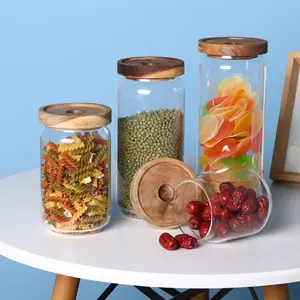 Round Cylinder Design Glass Food Container Borosilicate Airtight Glass Storage Jar Tank With Wood Cover