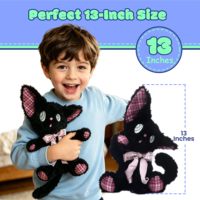 Peluche chat noir anime de 13 pouces, jouet en peluche doux et moelleux avec nœud écossais rose gothique pour chiens et chats
