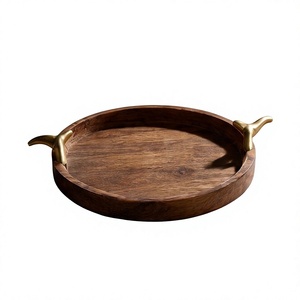 Wholesale Luxury Hardware <b>Wooden</b> Serving Tray Dark Mango Wood <b>Round</b> Platter Featuring Brass Finish Grips - Product Image 1