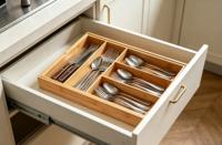 Organisateur de tiroir extensible en bambou naturel pour ustensiles de cuisine et fournitures de bureau, plateau de rangement multi-compartiments