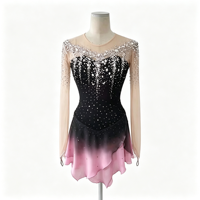 Robe de patinage artistique pour filles, noir, violet, rose ombré, avec strass, manches longues en maille et jupe à volants pour la compétition