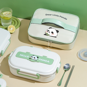 Portable 5 compartments food container cute Panda 304 metal stainless steel bento lunch box with soup bowl and insulated bag