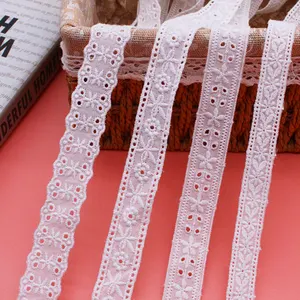 100% Cotton Eyelet Fabric with Lace Trimming Border and Embroidery Category Lace
