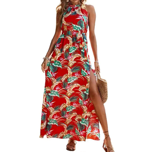 Vestido Maxi Personalizado con Estampado Floral para Otoño/Verano, Estilo Playa, Hombros Descubiertos, Cintura Alta, Holgado, Cómodo, Lavable, Elegante, Casual, con Aberturas - Product Image 5