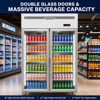 Vitrine réfrigérée verticale à double porte pour boissons, avec refroidissement par air forcé et éclairage LED, idéale pour les bars à jus