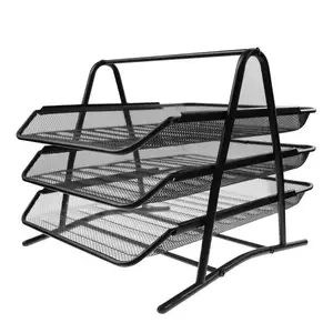 Toptan masaüstü sıralayıcısı organizatör-3 katlı ofis çok katlı istiflenebilir Metal örgü tel masa masaüstü belge dosya sıralayıcısı tepsi raf depolama organizatör