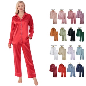 Conjunto de Pijama de Seda de Alta Calidad para Mujer, Manga Larga, Cintura Elástica, Color Rojo Satinado, 2 Piezas, Suave, para Fiesta Nupcial o Navidad - Product Image 1
