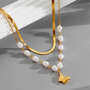 Collar de Acero Inoxidable con Diseño de Perlas Planas Doradas de Doble Capa para Mujer, Estilo Hip Hop, para Fiestas - Product Image 2