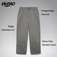 Celana Kerja Pria Hudao Custom Abu-abu Double Knee, Grosir Langsung dari Pabrik, Model Vintage Washed Wide-Leg, Celana Panjang Pria