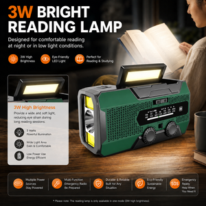Radio d'urgence portable avec lampe de poche LED, récepteur FM AM, batterie rechargeable, alarme SOS, haut-parleur intégré, vert - Product Image 5