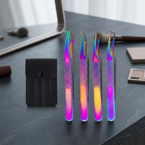 Precision Stainless Steel <b>Eyelash</b> Tweezers Set With Rainbow Finish And Black Leather Case For Lash Extension <b>Application</b> - Product Image 4