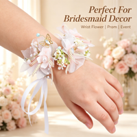 Corsage Pergelangan Tangan Mawar Putih Pink Real Touch Buatan, Pita Renda dengan Daun Campuran, Kit Bunga untuk Pengiring Pengantin dan Pengantin Wanita di Pernikahan