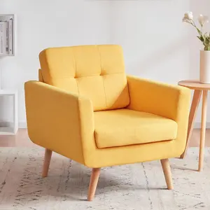 亚麻织物口音椅黄色扶手椅客厅卧室纽扣簇绒软垫舒适阅读口音椅沙发