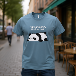 T-shirt promotionnel avec image de panda « I Need Money Not A Job », unisexe adulte, bleu moyen - Product Image 3