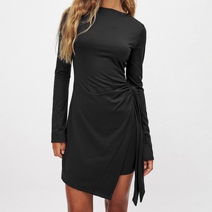 Autumn Regular Fit Elastic Fashion Women Dress Custom <b>Black</b> Mini Casual Short <b>Wrap</b> Front Long Sleeve Natural Waistline Bodycon - Product Image 1