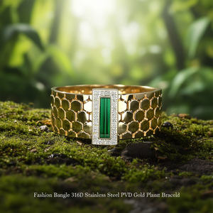 กำไลข้อมือแฟชั่น สแตนเลสสตีล 316L ชุบทอง PVD ประดับคริสตัลสีเขียว - Product Image 3