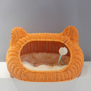 Casa para gatos de imitación de ratán, cama redonda cálida para mascotas con cojín extraíble y lavable - Product Image 4